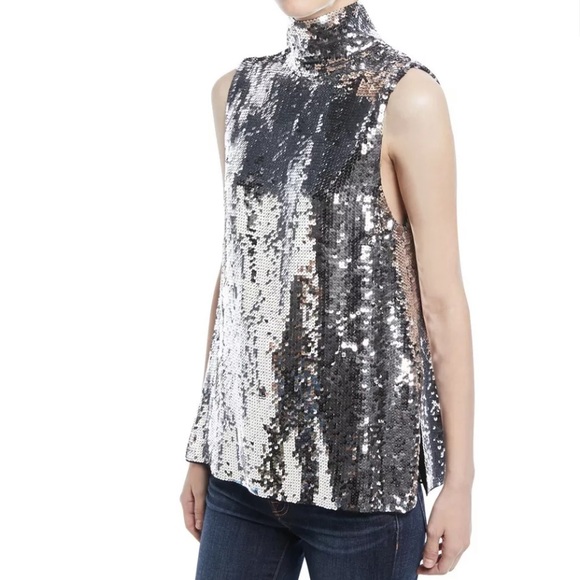 Tibi Sleeveless Silver Sequin Turtleneck Shell Top Size 0 - Picture 1 of 11